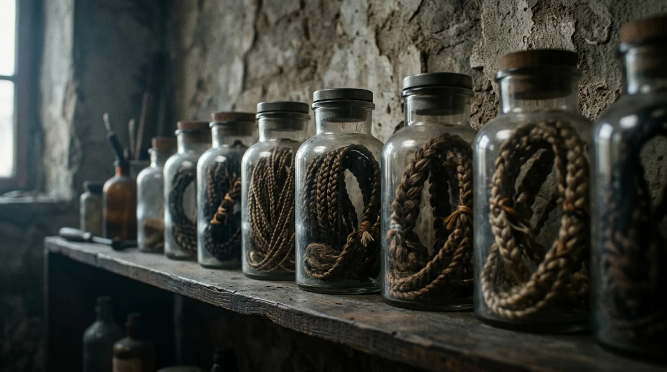 Several glass jars containing braided hair trophies on a wooden shelf.