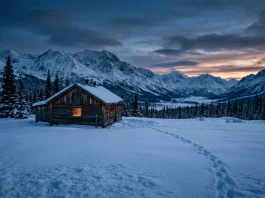 A lone cabin in a snowy Alaskan landscape at dusk representing Gibbs' seclusion.