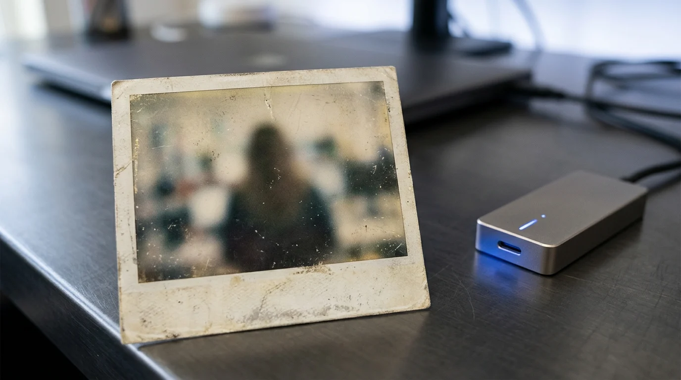 A vintage photograph resting next to modern technology.