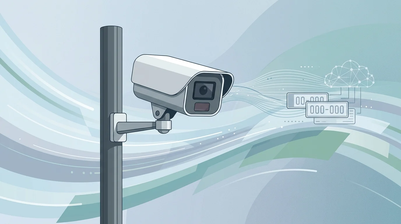A minimalist illustration of a license plate reader camera mounted on a pole.