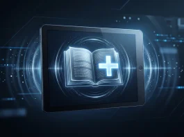 Amazon Rebrands Kindle Unlimited to Kindle+ with AI Audio Integration Conceptual digital book icon with a plus sign and soundwaves.