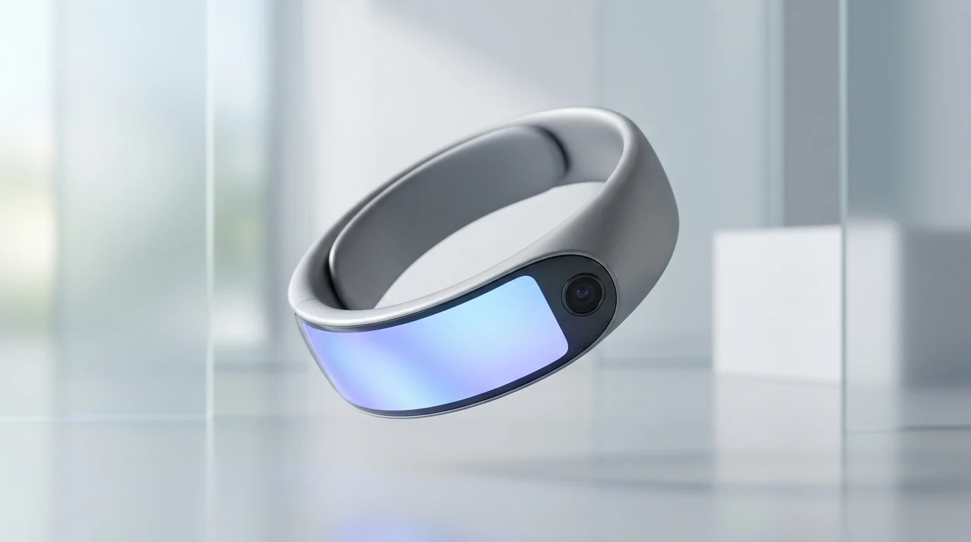 Conceptual render of a futuristic AI wearable device.