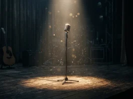 Conceptual image of a vintage studio microphone with soft lighting and celestial particles.
