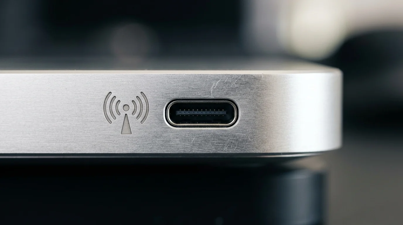 A close-up of a USB-C port and a conceptual wireless icon on hardware.