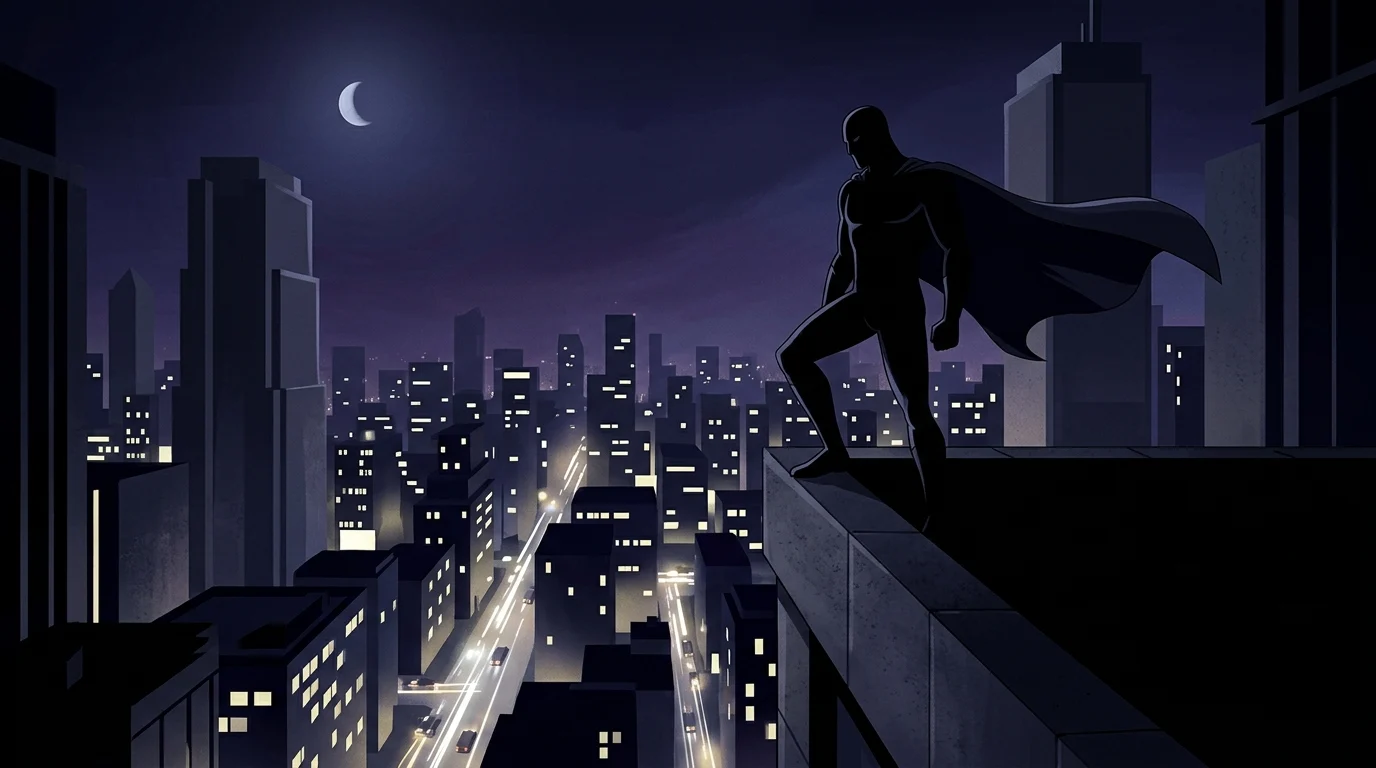 Silhouette of a hero on a building overlooking a city