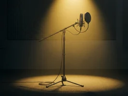 A professional studio microphone under a yellow spotlight.