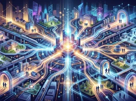 A conceptual digital visualization of a social impact network and resource distribution.