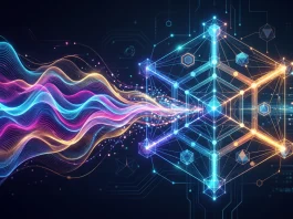 Abstract visualization of colorful digital sound waves and AI nodes.