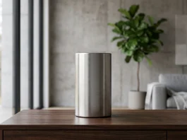 A conceptual rendering of a minimalist cylindrical smart home sensor in a modern room.