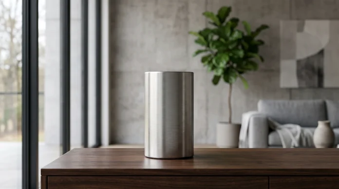 apple-j450-conceptual-design A conceptual rendering of a minimalist cylindrical smart home sensor in a modern room.