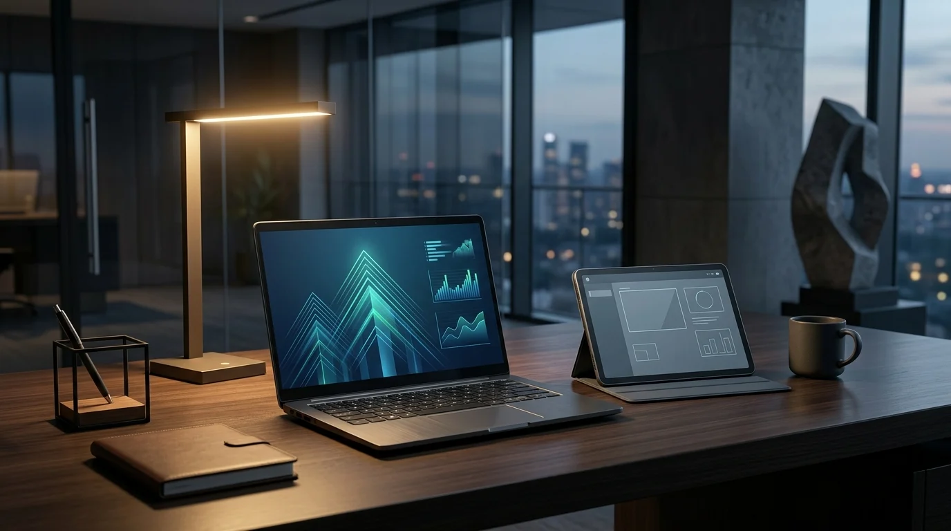 Conceptual image of professional hardware on a modern desk under a spotlight.