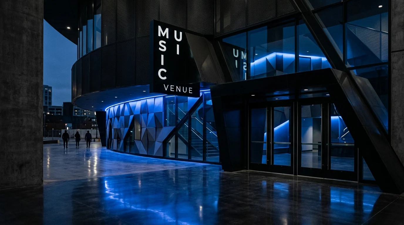 Modern minimalist interior design with high-contrast signage and subtle blue accents.