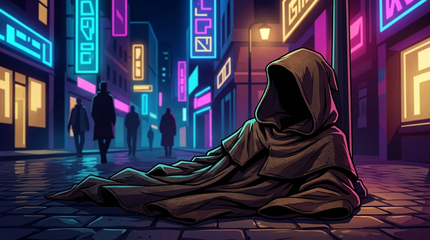 A conceptual image of a discarded robe on a cartoon street.