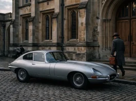 A classic British sports car parked near a stately library building representing the intersection of cinema and literature.