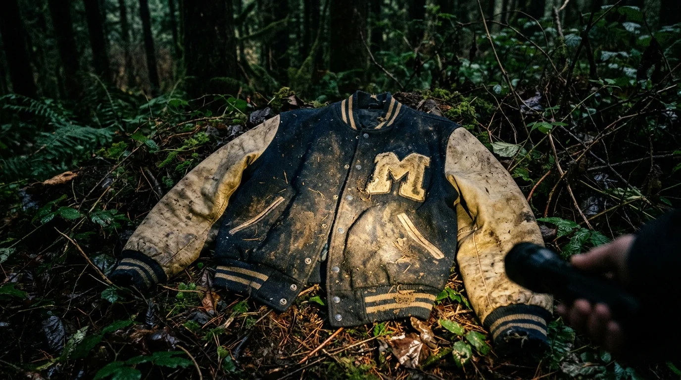 A discarded varsity jacket in a dark forest, symbolizing a shift from teen drama to horror.