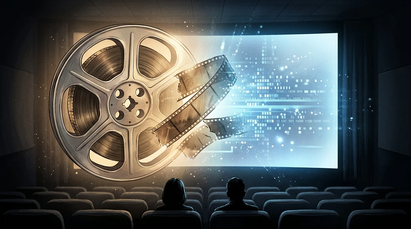 A conceptual image of a film reel and a digital screen