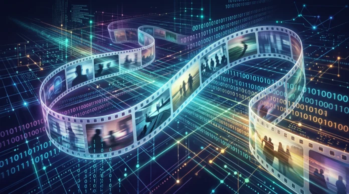 artificial-film-tech-concept Conceptual art of a film strip merging with digital data.