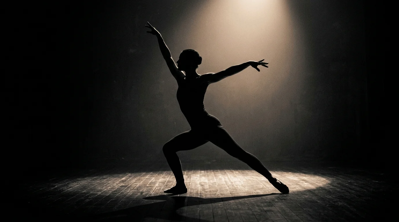 A silhouette of a dancer in a strong athletic pose under a spotlight.