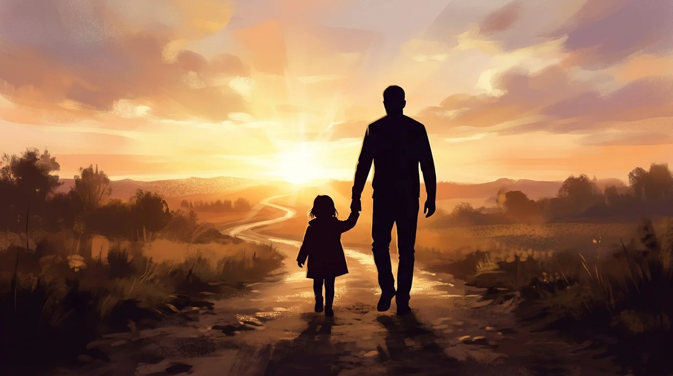 Silhouette of a father and son walking toward light.
