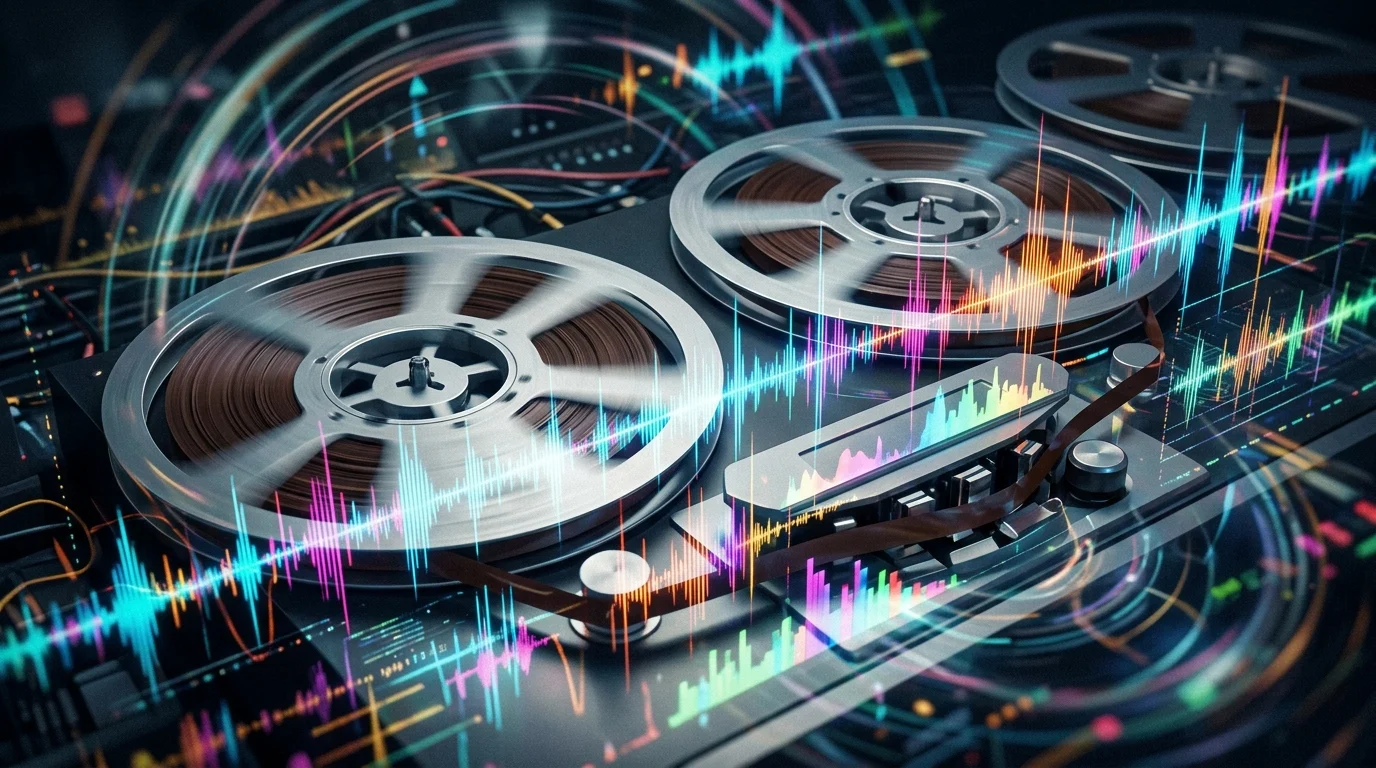 Abstract visualization of audio tape reels and digital frequencies.
