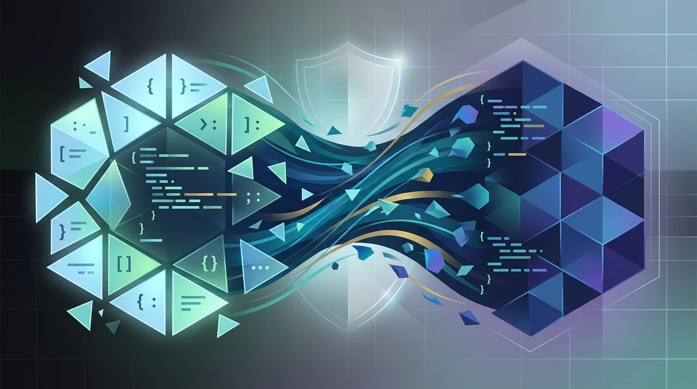 Abstract representation of software code being rewritten and optimized.