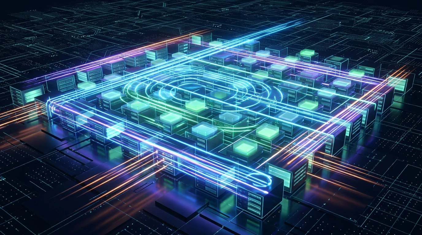 Abstract visualization of automated network scanning and data extraction.
