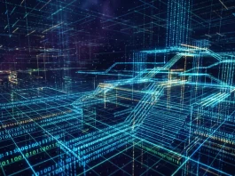 Conceptual visualization of automated digital construction using glowing blue code lines.