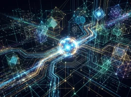 Conceptual digital art showing an autonomous AI agent navigating a complex data network.