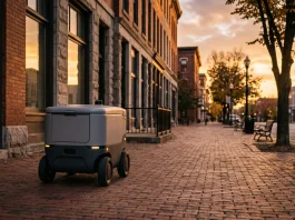 A conceptual delivery robot on a city sidewalk during sunset.
