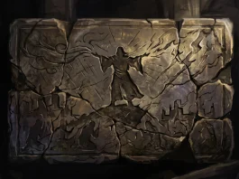 A conceptual stone mural depicting an elemental figure being cast in shadow.