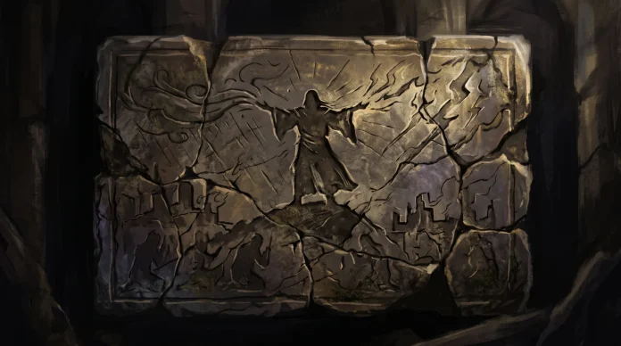 A conceptual stone mural depicting an elemental figure being cast in shadow.