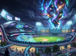 Conceptual art of a futuristic baseball stadium under a cosmic multiversal sky.