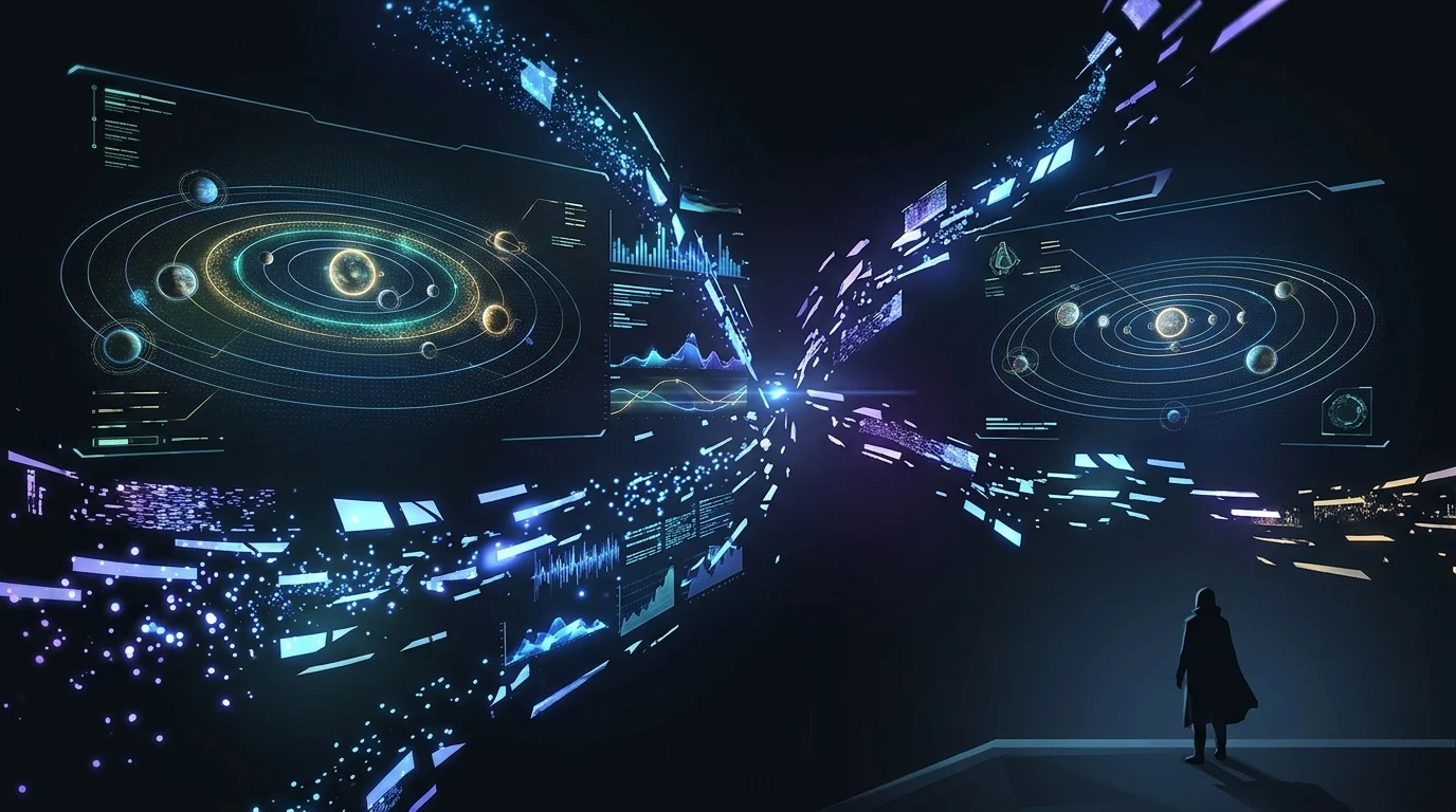 A high-tech digital interface displaying holographic maps and data streams.