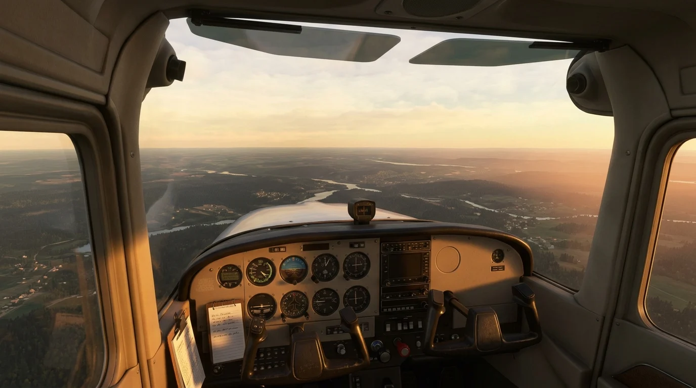A view from an airplane cockpit at sunset.