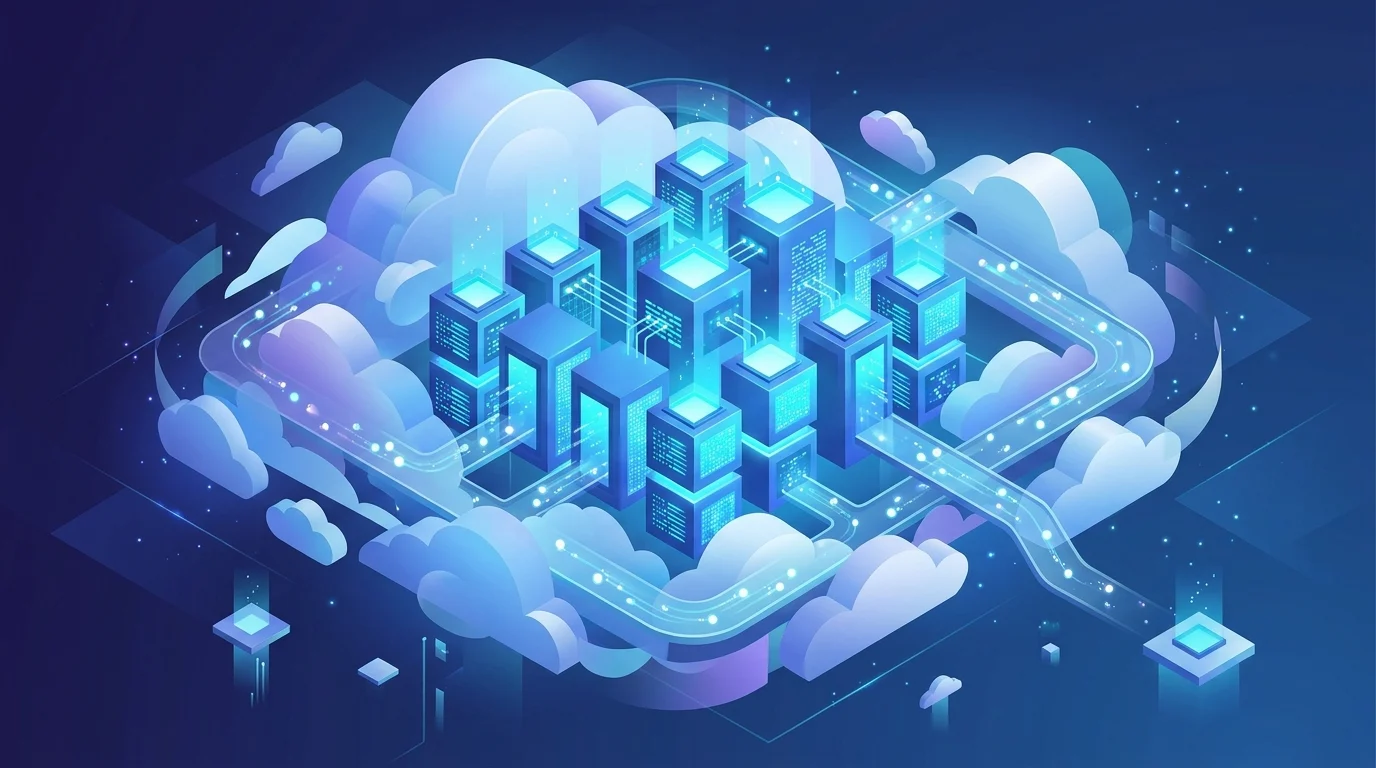 An abstract digital representation of cloud computing servers.