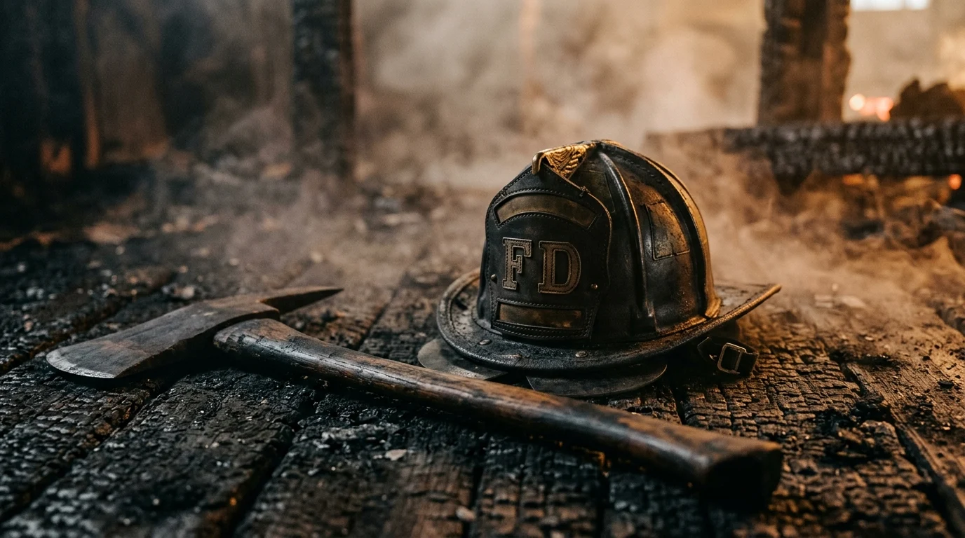 A vintage fire helmet and axe on a charred floor.