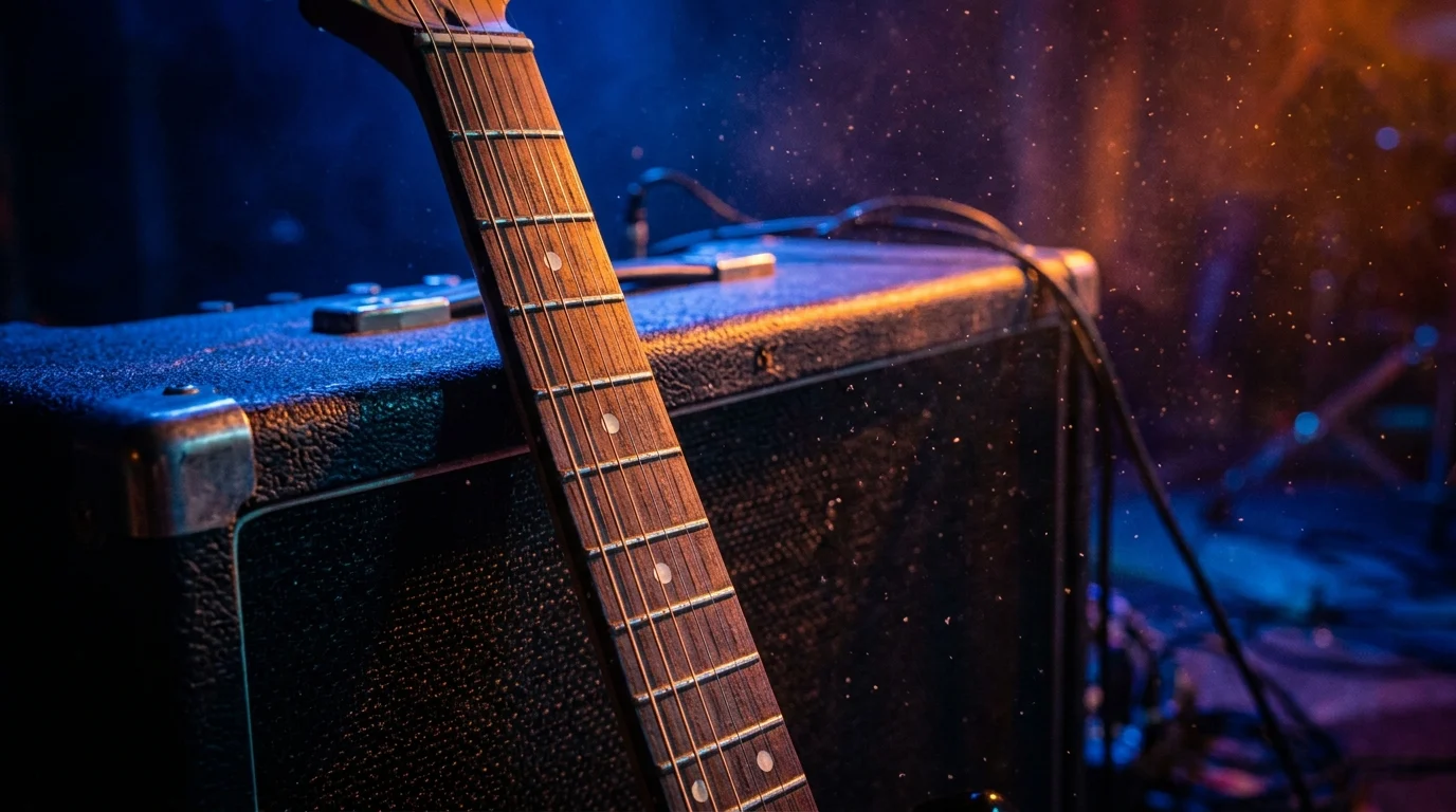 A close-up of a guitar and amplifier under stage lights.