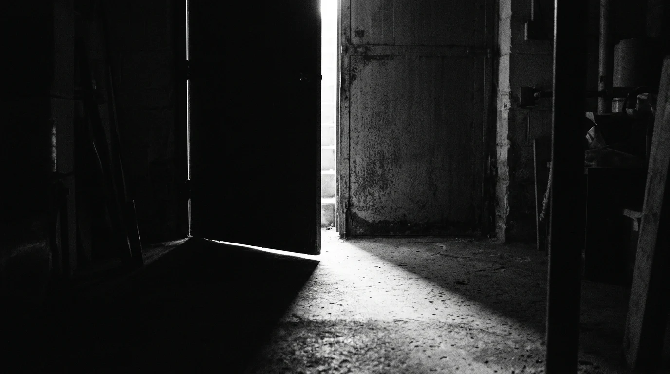 A conceptual image of a basement door slightly open.