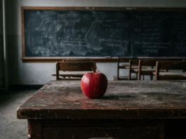 Jacob Anderson and Saoirse Ronan Thriller Bad Apples Splits Critics and Audiences A red apple on a desk in a dark classroom representing the film .