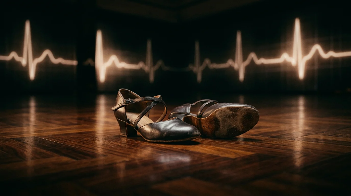 Conceptual image of dance shoes on a ballroom floor.