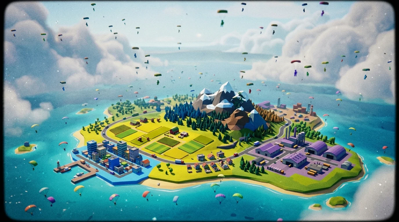 Stylized battle royale landscape viewed through a camera lens.