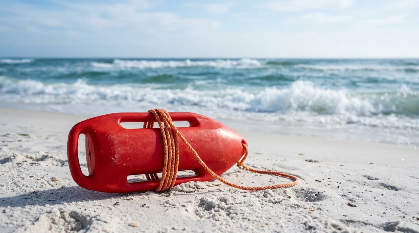 A lifeguard rescue buoy on the sand.