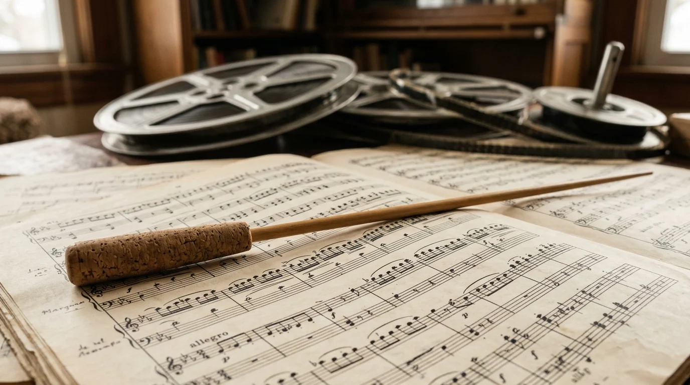 Close-up of musical notations and a conductor's baton.