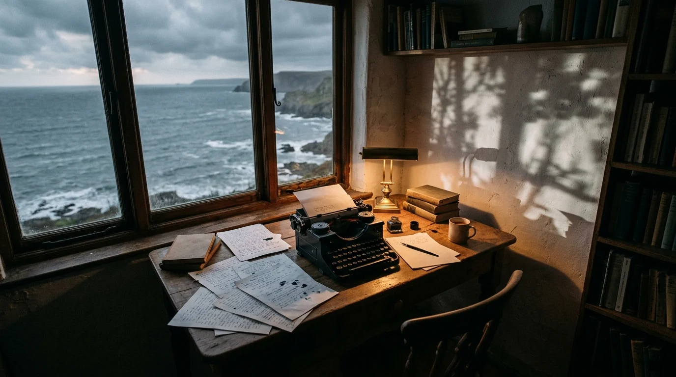 A writer's study overlooking the sea on island.