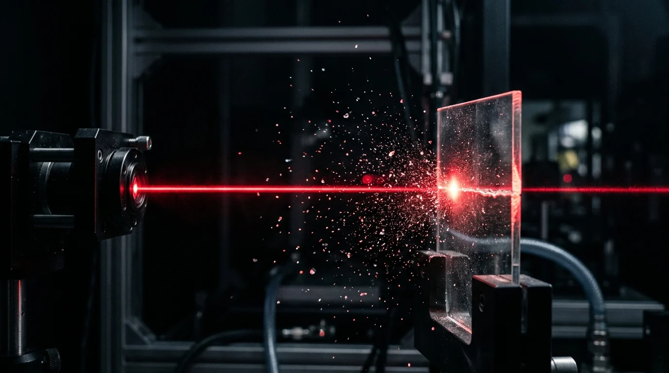 A red laser beam in a dark laboratory setting.