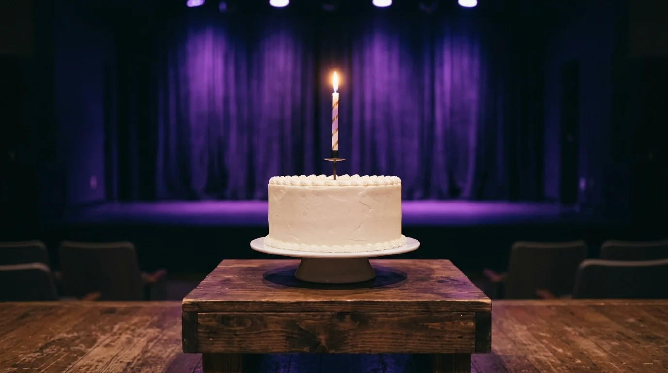 A birthday cake on a stage under purple light