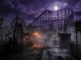 A foggy amusement park at night with a roller coaster silhouette under a dark sky.