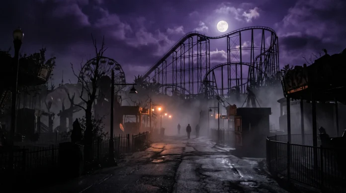 A foggy amusement park at night with a roller coaster silhouette under a dark sky.