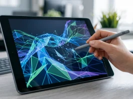 A conceptual 3D modeling interface on a generic tablet device showing wireframe geometry.