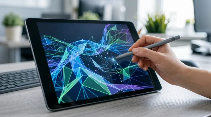 A conceptual 3D modeling interface on a generic tablet device showing wireframe geometry.